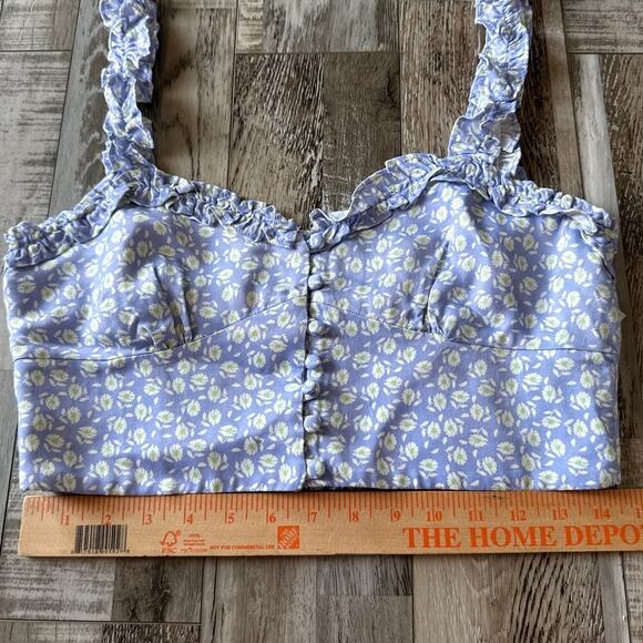 Zara Micro Floral Crop Top Size Small Button Front Ruffle Neckline Straps Lined - Picture 8 of 9